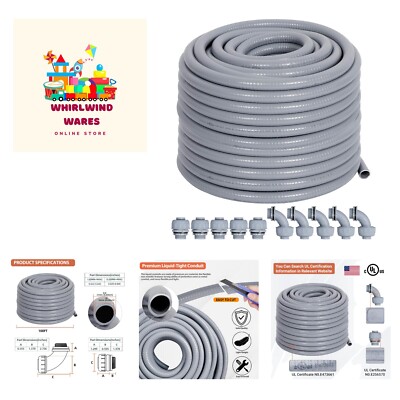100ft Flexible Liquid-Tight PVC Conduit with 5 Straight & 5 90-Degree Fittings
