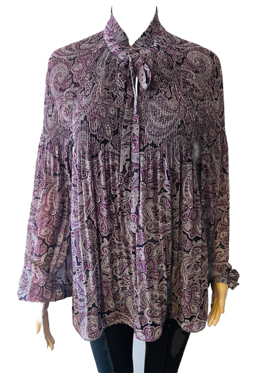 Ralph Lauren Print Pleated Georgette Tie Neck Blouse Large