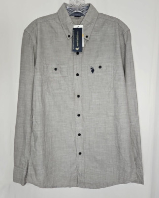 US Polo Assn Men's Light Gray Long Sleeve Button-Up Cotton Shirt Size Small NWT