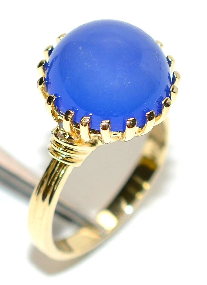 Anillo solitario de oro macizo de 14 quilates de ágata azul natural anillo llamativo cóctel Foto 4 de 4