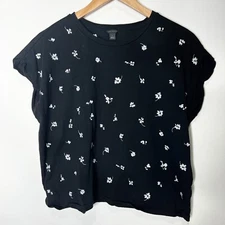 Ann Taylor Boxy Shirt Top Short Sleeve Black Embroidered all over Floral Women L