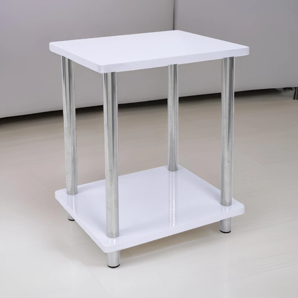 Small 2 Tier White Gloss Finish Side Table with Shelf Bedroom Coffee End Table - Image 3 of 4