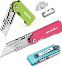 WORKPRO 3-Pack Folding Utility Knife Set, Quick Change Blade Box Cutter, Razor