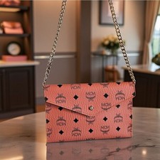 MCM Cognac Envelope Shoulder Clutch Bag Pouch with Gold Chain NEW