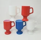 SET OF 5 Vtg Anchor Hocking Red White Blue Milk Glass Pebbled Pedestal Mugs