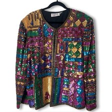 Laurence Kazar Vintage Women's Silk Beaded Sequin Jacket Patchwork 80s 90s Sz L