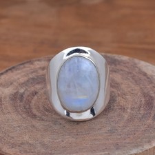 Natural Moonstone 925 Sterling Silver Rings, Handmade Wide Band Ring For Gift