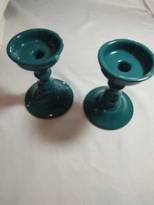 Haeger Pottery Candlestick Holder Teal Green Set of 2