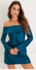 Lulus Vision Teal Satun Off-the-shoulder Mini Dress, Size Large