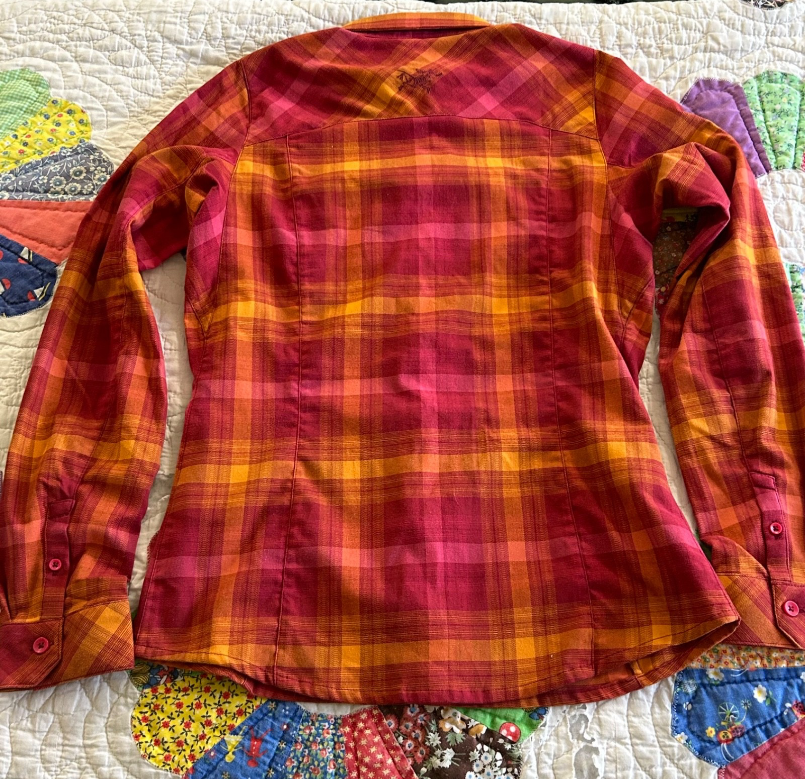 Arc'teryx camicia donna outdoor manica lunga quadri a quadri arancione rosa taglia XS