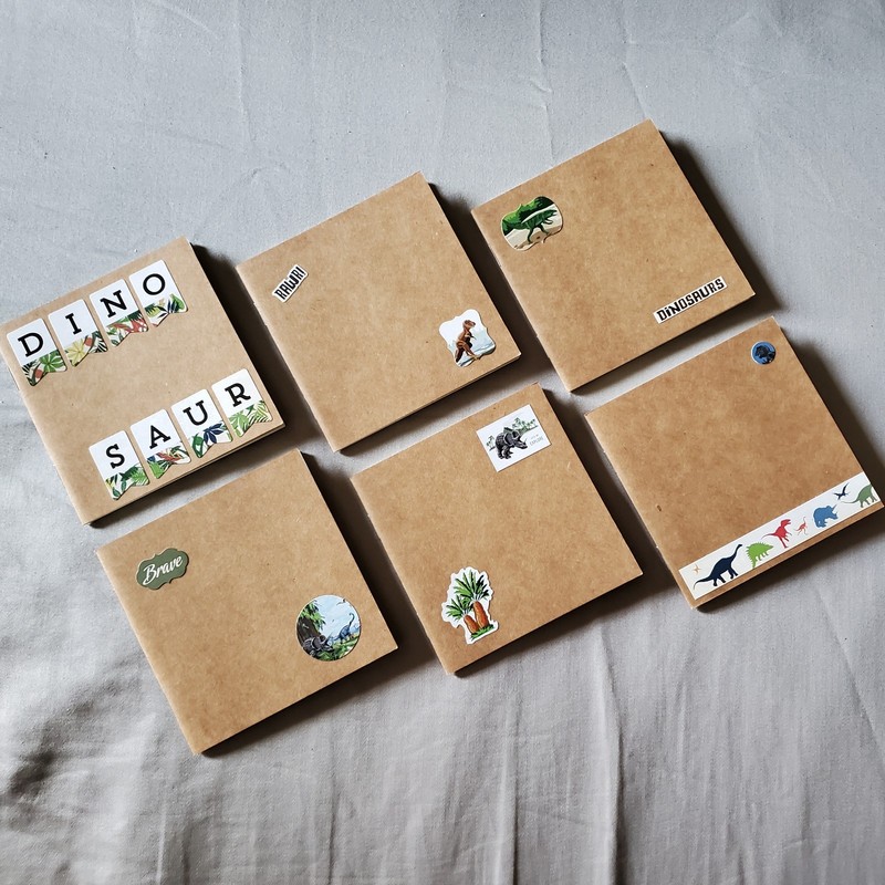Six Dinosaur Notepads, Handmade Mini Unlined Notebooks, 4 x 4 inches