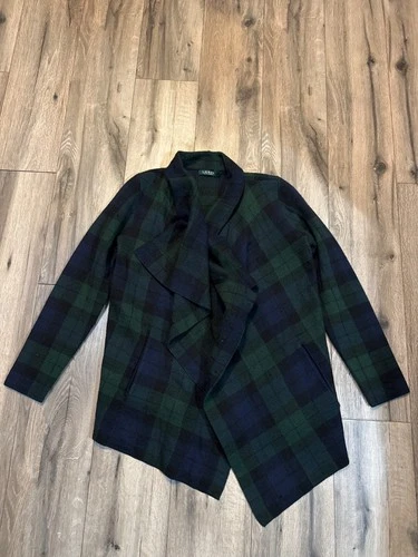 Lauren Ralph Lauren Womens Plaid Wool Cardigan Jacket M Blackwatch Tartan Open F