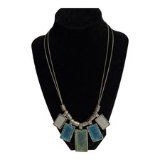 Green Blue Sea Glass Resin Pendant Necklace Hammered Settings Double Snake Chain