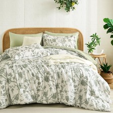 Floral Queen Comforter Set 7 Pieces Bed in a Bag, Sage Green Flower with Bird...