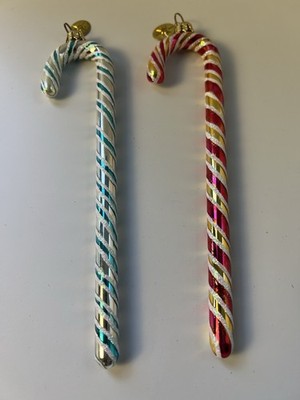 Vintage Radko Glass Candy Cane Christmas Ornaments Glitter Set of 2