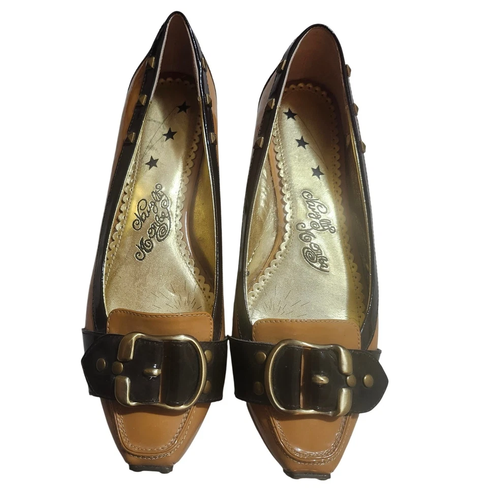 Womens Brown Patent Leather Square Toe Buckle Studded Loafer Flats Size 9 - Image 3 of 4