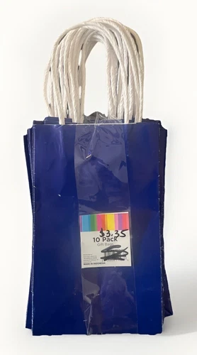 Small Gift Bags with Handles 10 Pack , 8”x5”x3” Blue Kraft Paper Bags, New