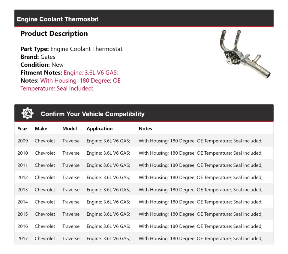 Para Chevrolet Traverse 2009-2017 3,6 L V6 motor gas refrigerante termostato puertas Foto 2 de 4