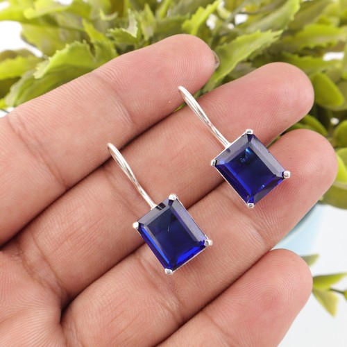 Faceted Blue Sapphire Gemstone Earring 925 Sterling Silver Earring For Daughter - Picture 4 of 8