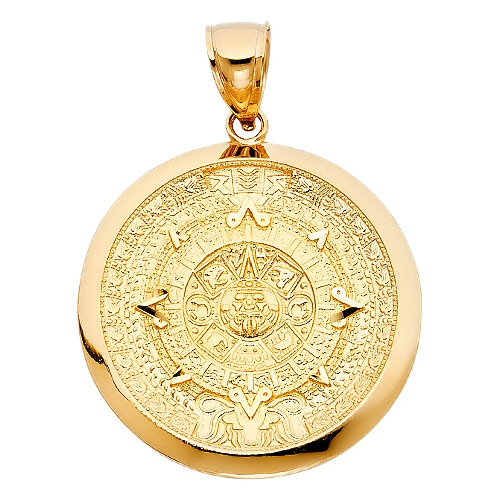 14K Yellow Gold Calendario Azteca Pendant For Necklace or Chain