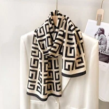 100% Mulberry Silk Crepe Shawl Maze Print Neckerchief Oblong Scarf Black/Cream