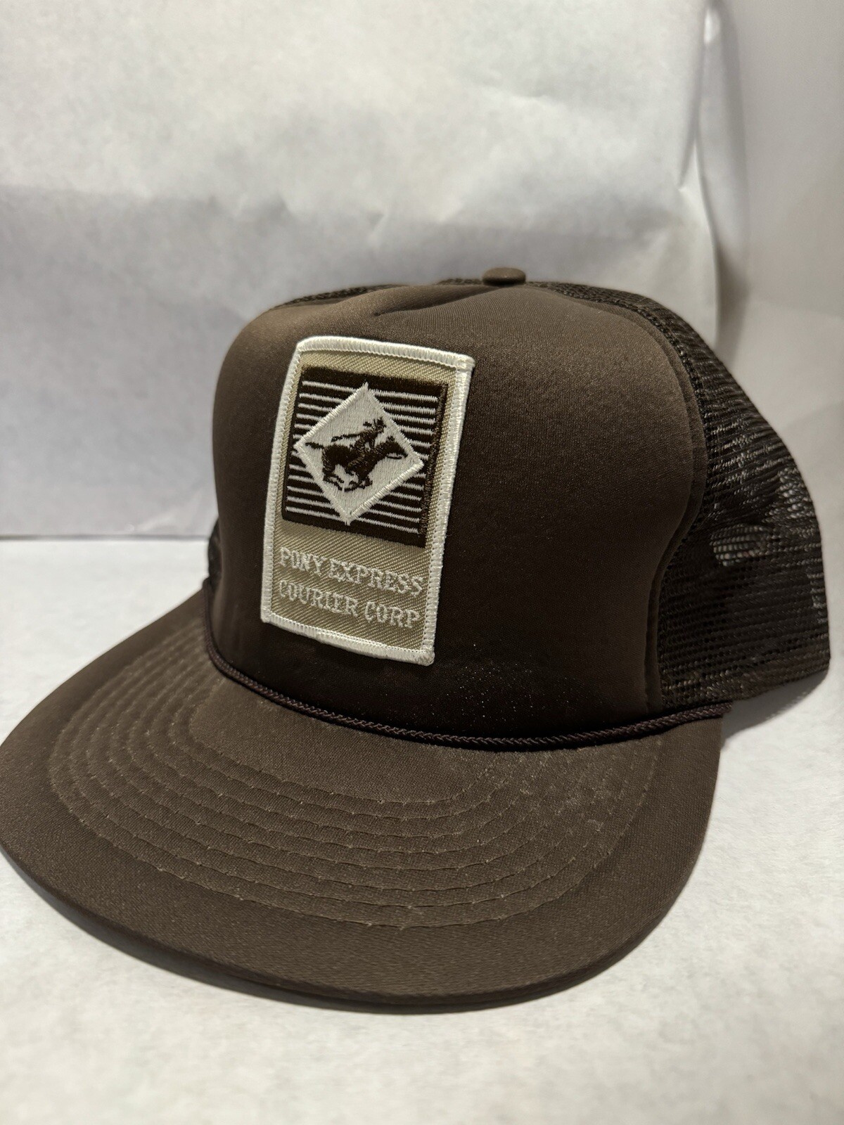 Cappello camionista vintage Pony Express Courier Corp marrone snapback
