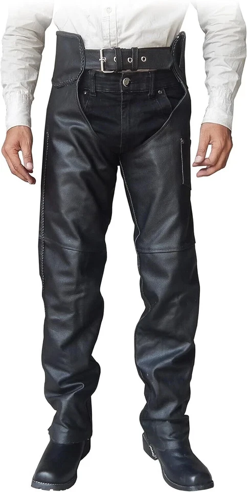 2Fit™ Unisex Genuine Black Leather Braided Motorcycle Chaps for Bikers - Image 2 of 4