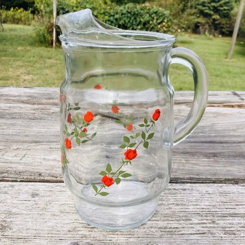 Vintage Anchor Hocking Climbing Red Roses Iced Tea Pitcher 80 Oz Large