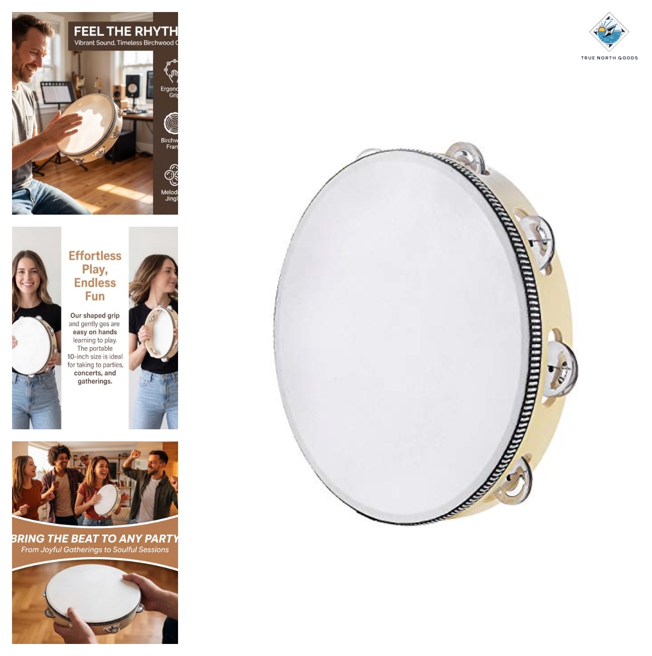 Tambourine 10 Inch Birch Drum with Metal Jingles for Adults Music Fun