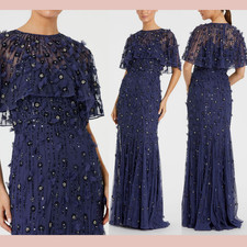 NWT 698 Mac Duggal  4  93653 Embellished Cape Sleeve Trumpet Gown Blue S1445