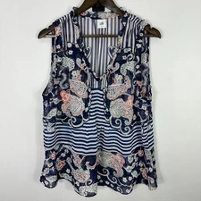 Cabi Top L Navy Paisley Stripe Sheer Boho Preppy Coastal Grandma Indie Chic