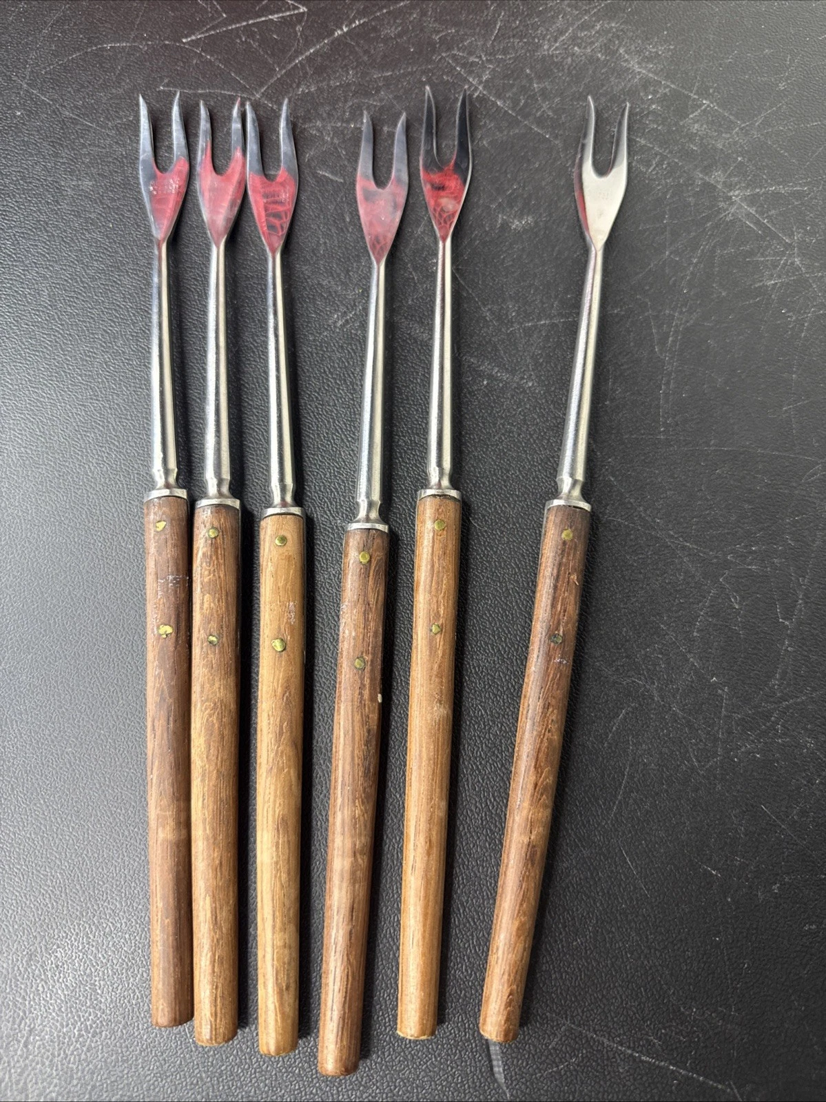 Vintage Moss & C Stainless Steel France Fondue Forks Set Of 6 w/Wood Handles 10"