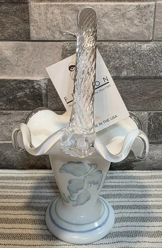 Fenton Hand Painted Milk Glass Silver Crest Basket - Morning Mist Blue Flowers