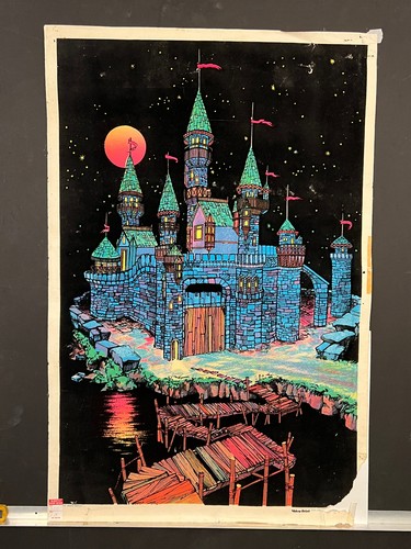 Huge 1974 Blacklight Flocked Poster - MAGIC CASTLE trippy Merlin Potter Hogwarts