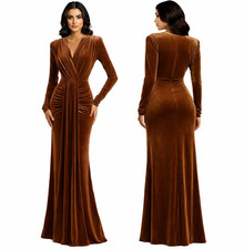 Brown Velvet Evening Gown Size 12 Long Sleeve Formal Maxi Dress Ruched V Neck