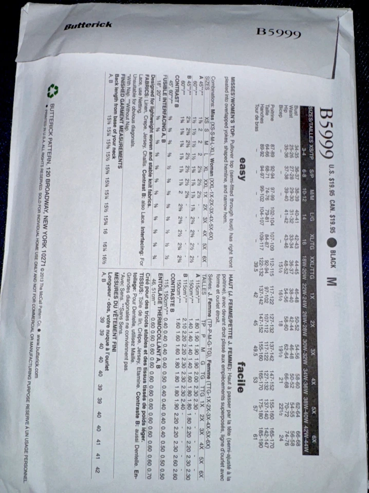 Butterick Sewing Pattern By Designer Connie Crawford  Pull Over Top B5999 Xxl - Image 2 of 2