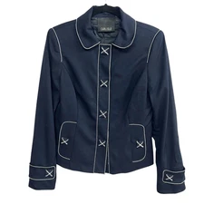 Carlisle Wool Blend Blazer 8 Navy Contrast Stitch Classic Career Quiet Luxury