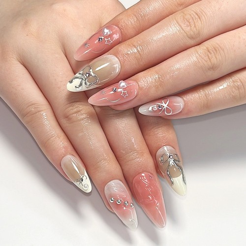 Pink Long Almond False Nail with Bow French Tips Pearl Fake Nails Press On Nail