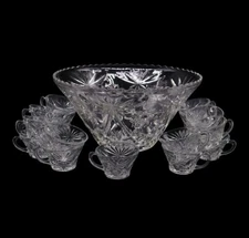 Anchor Hocking “Prescut Clear” Punch Bowl & 19 Punch Cups