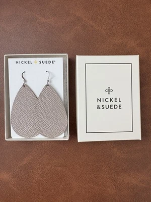 Lipgloss Beige Teardrop - Nickel & Suede Leather Earrings Handmade In USA New - Image 1 of 3