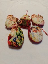 Vintage Needlepoint 4 Santa And 1 Candle Ornaments.Stuffed Back Red Material.