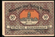 Notgeld Süderbrarup, 50 Pfennig, Löwe zu Flensburg und nationalistisches Motiv, 