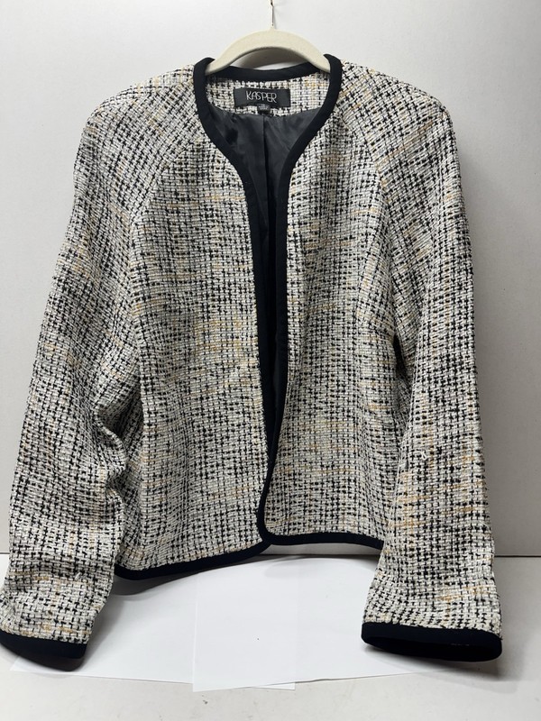 Kasper Sz 12 Textured Woman Open Front Jacket Blazer Lined Black Gold White Fall