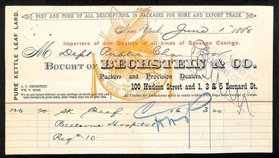 1888 Bechstein & Co. Packers Provisions Hudson St. NYC Scarce