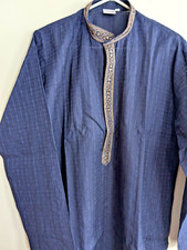 Kurta Pajama Set Textured Cotton Blue Zari Embroidery Wedding Party Wear Large