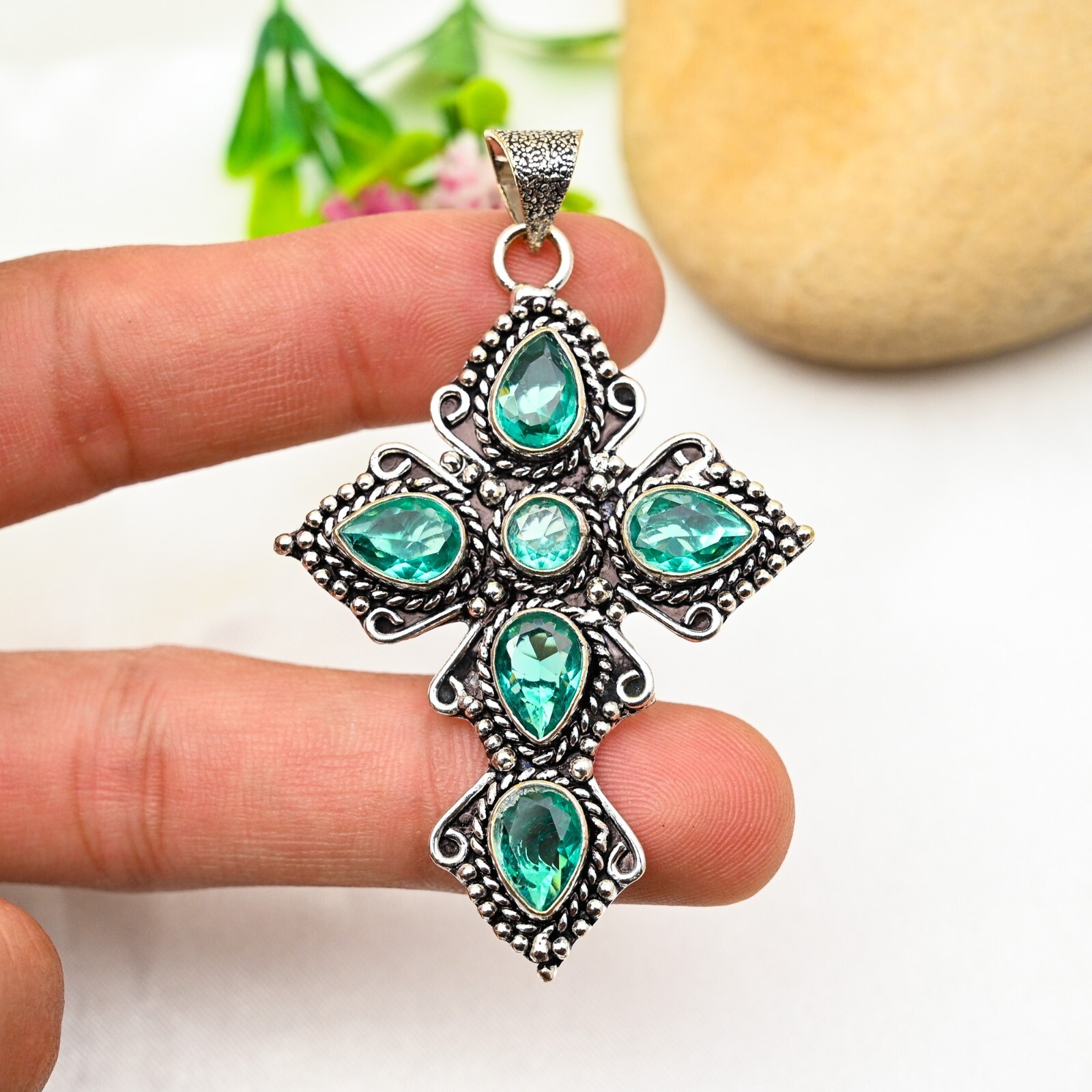 Aqua Apatite Gemstone Cross Pendant 925 Sterling Silver Handmade Jewelry Gift