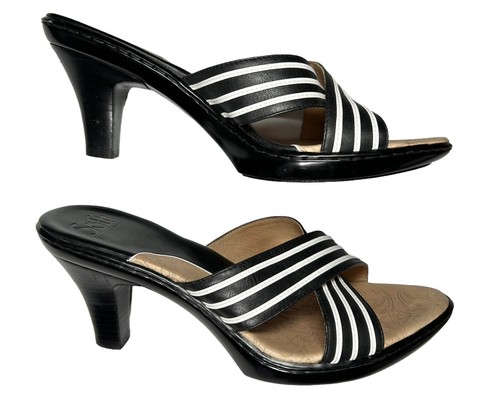 SOFFT Slip On Sandal SIZE 9.5 Black White Stripe Leather Kitten Heel Open Toe - Picture 7 of 11