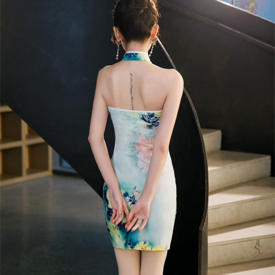 7Fairy Women's Lilac Floral Halter Backless Chinese Prom Dress - Long Formal Gown For Special Occasions - View #2