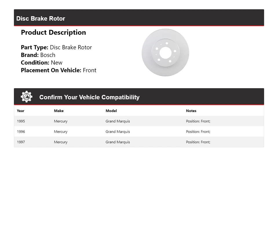 Rotor de freno de disco delantero 1996 para Mercury Grand Marquis Bosch QuietCast 1995-1997 Foto 2 de 4