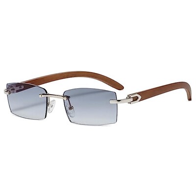 Rimless Silver Frame Woodgrain Women's Mens Trendy Blue Gray Tinted Sunglasses